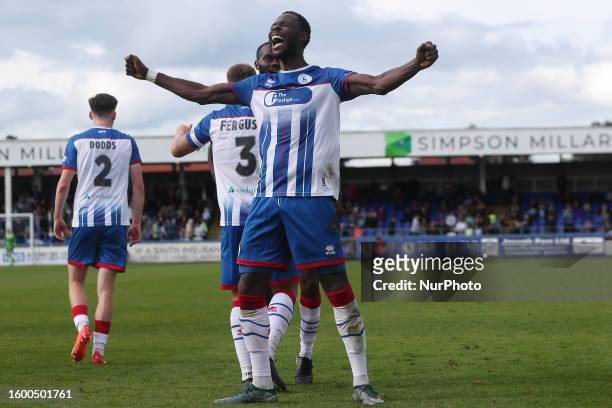 Mani Dieseruvwe of Hartlepool United celebrates after scoring during the Vanarama National League match between Hartlepool United and Gateshead at...