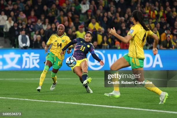 Catalina Usme of Colombia scores her team's first goal during the FIFA Women's World Cup Australia & New Zealand 2023 Round of 16 match between...