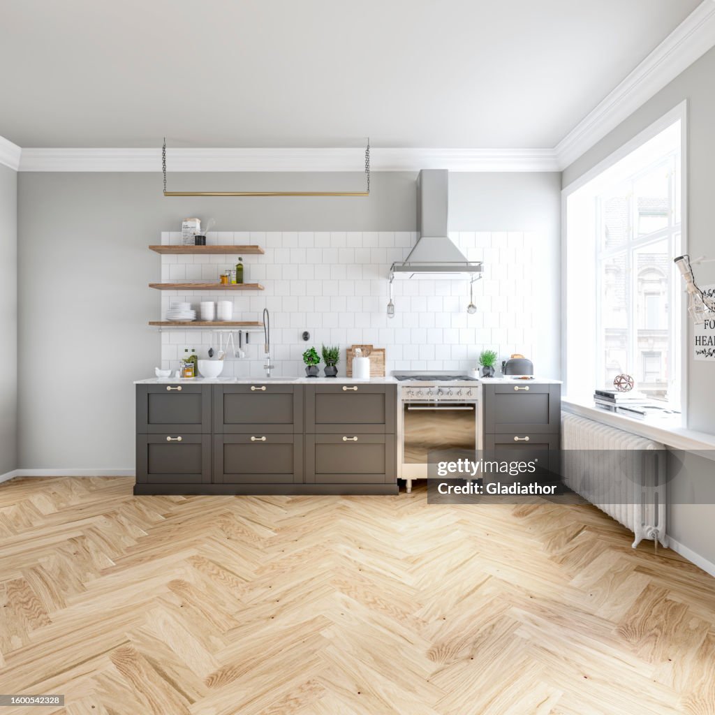 Classic elegant interior - a modern, but classic kitchen with a gray and white wall background, French-style windows - empty space for presenting furniture and appliances