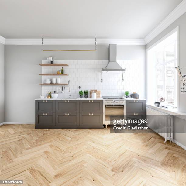 classic elegant interior - a modern, but classic kitchen with a gray and white wall background, french-style windows - empty space for presenting furniture and appliances - stove bildbanksfoton och bilder