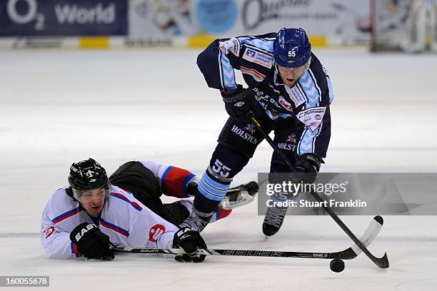 Patrick Koppchen of Hamburg is challenged by Daniel Weiss of the Ice Tiger during the DEL game between Hamburg Freezers and Thomas Sabo Ice Tigers at...
