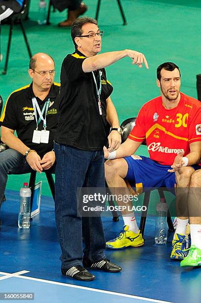 Spain's coach Valero Rivera reacts during the 23rd Men's Handball World Championships semifinal match Spain vs Slovenia at the Palau Sant Jordi in...