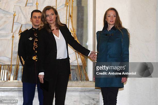 Valerie Trierweiler welcomes Florence Cassez at the Elysee Palace on January 25, 2013 in Paris, France. A Supreme Court in Mexico voted to free...