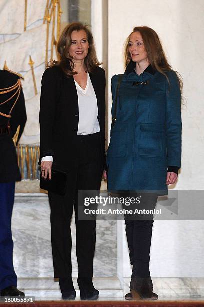 Valerie Trierweiler welcomes Florence Cassez at the Elysee Palace on January 25, 2013 in Paris, France. A Supreme Court in Mexico voted to free...