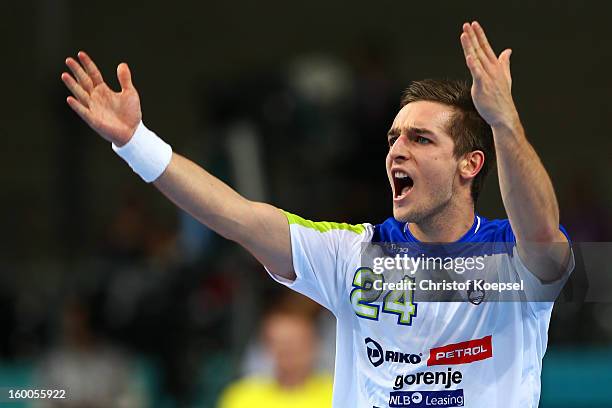 Gasper Marguc of Slovenia celebrates a goal during the Men's Handball World Championship 2013 semi final match between Spain and Slovenia at Palau...