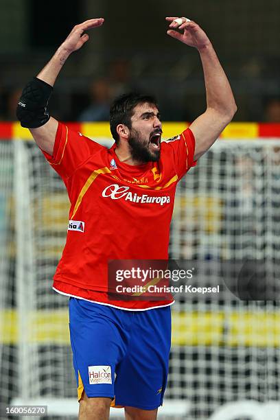 Jorge Maqueda of Spain celebrates a goal during the Men's Handball World Championship 2013 semi final match between Spain and Slovenia at Palau Sant...