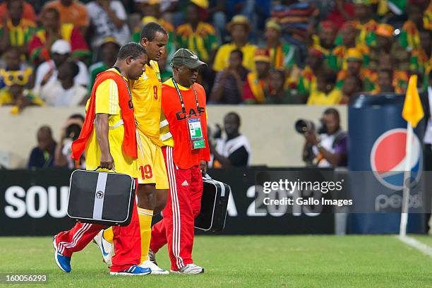 Adane Girma Gebreyes of Ethiopia leaves the pitch injured during the 2013 African Cup of Nations match between Burkina Faso and Ethiopia from...