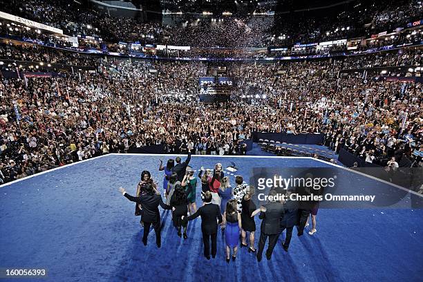 President Barack Obama and his family onstage at the Democratic National Convention at Time Warner Cable Arena on September 6, 2012 in Charlotte,...