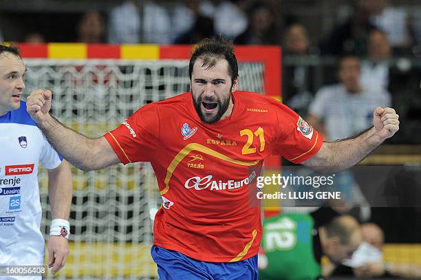 Spain's centre back Joan Canellas celebrates after scoring during the 23rd Men's Handball World Championships semifinal match Spain vs Slovenia at...