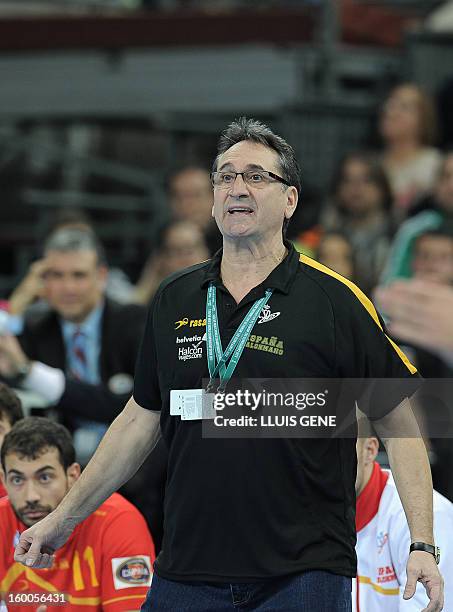 Spain's coach Valero Rivera reacts during the 23rd Men's Handball World Championships semifinal match Spain vs Slovenia at the Palau Sant Jordi in...