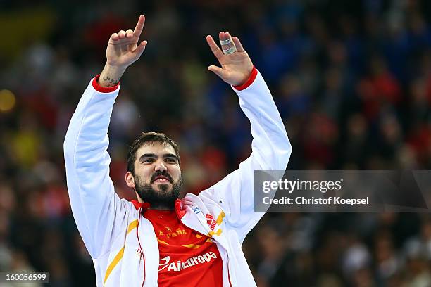 Jorge Maqueda of Spain celebrates the 26-22 victory after the Men's Handball World Championship 2013 semi final match between Spain and Slovenia at...