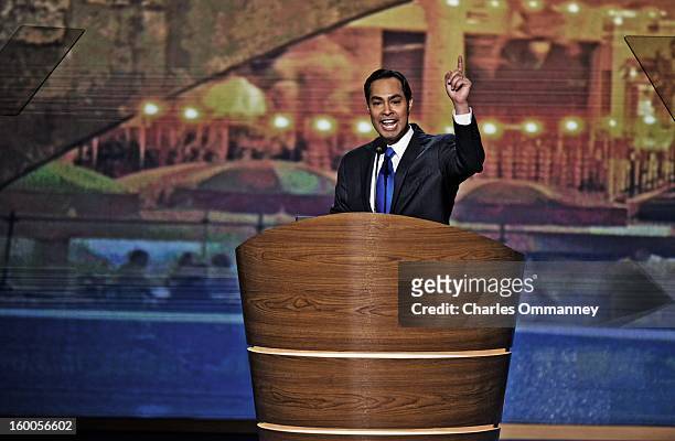 San Antonio Mayor Julian Castro addresses the Democratic National Convention at Time Warner Cable Arena on September 4, 2012 in Charlotte, North...