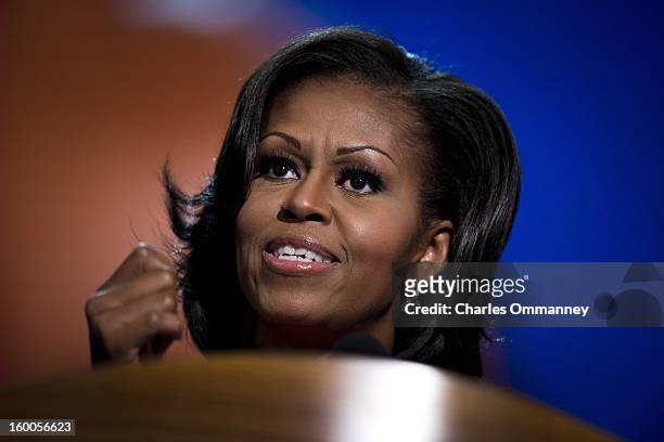 First Lady Michelle Obama addresses the Democratic National Convention at Time Warner Cable Arena on September 4, 2012 in Charlotte, North Carolina....