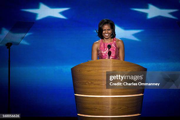 First Lady Michelle Obama addresses the Democratic National Convention at Time Warner Cable Arena on September 4, 2012 in Charlotte, North Carolina....