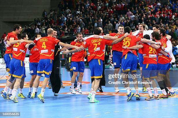 Spain celebrates the 26-22 victory after the Men's Handball World Championship 2013 semi final match between Spain and Slovenia at Palau Sant Jordi...