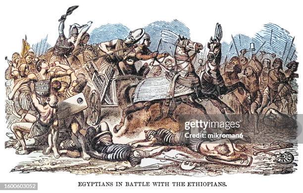 old engraved illustration of battle between egyptians and ethiopians (a few slain men on the group and other men fighting on horse) - paintings stock pictures, royalty-free photos & images