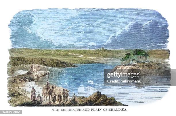 old engraved illustration of the euphrates river and plain of chaldaea - rio eufrates imagens e fotografias de stock