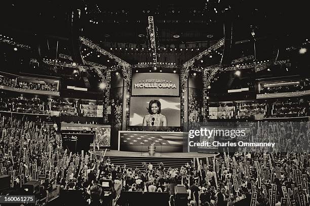 First Lady Michelle Obama addresses the Democratic National Convention at Time Warner Cable Arena on September 4, 2012 in Charlotte, North Carolina....