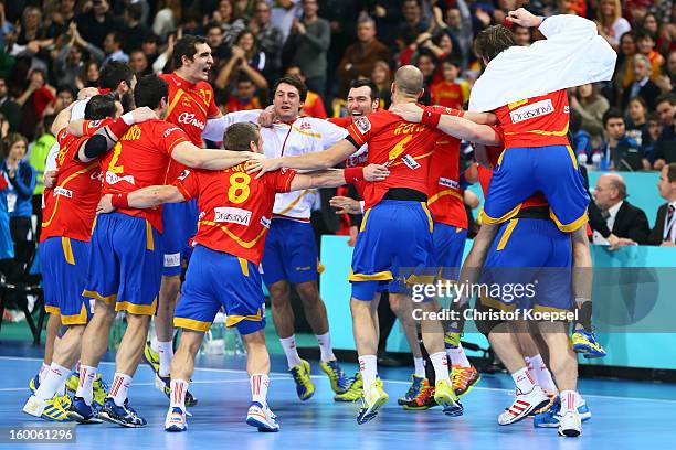 Spain celebrates the 26-22 victory after the Men's Handball World Championship 2013 semi final match between Spain and Slovenia at Palau Sant Jordi...