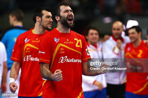 Joan Canellas of Spain celebrates the 26-22 victory after the Men's Handball World Championship 2013 semi final match between Spain and Slovenia at...