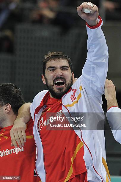 Spain's right back Jorge Maqueda celebrates their victory at the end of the 23rd Men's Handball World Championships semifinal match Spain vs Slovenia...