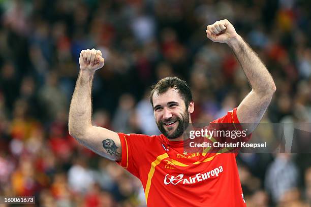 Joan Canellas of Spain celebrates the 26-22 victory after the Men's Handball World Championship 2013 semi final match between Spain and Slovenia at...