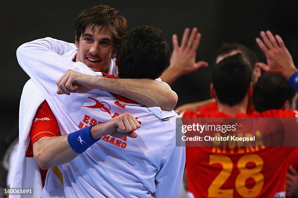 Viran Morros of Spain celebrates the 26-22 victory after the Men's Handball World Championship 2013 semi final match between Spain and Slovenia at...