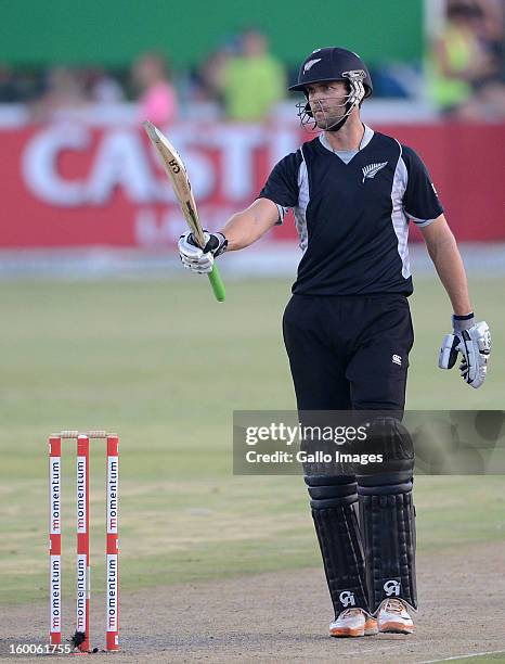 James Franklin of New Zealand celebrates 50 runs during the 3rd One Day International match between South Africa and New Zealand at Senwes Park on...