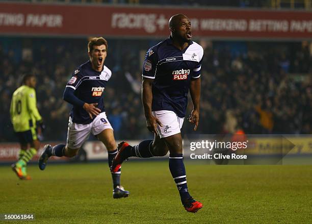 Danny Shittu of Millwall celebrates his goal during the FA Cup with Budweiser Fourth Round match between Millwall and Aston Villa at The Den on...