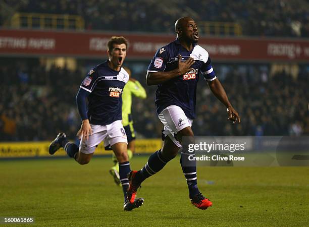 Danny Shittu of Millwall celebrates his goal during the FA Cup with Budweiser Fourth Round match between Millwall and Aston Villa at The Den on...