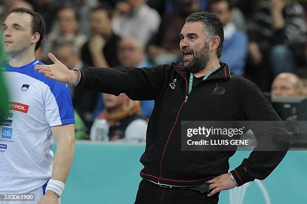 Slovenia's coach Boris Denic reacts during the 23rd Men's Handball World Championships semifinal match Spain vs Slovenia at the Palau Sant Jordi in...