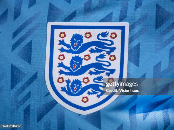 The official England national football team badge on a shirt during the FIFA Women's World Cup Australia & New Zealand 2023 Round of 16 match between...