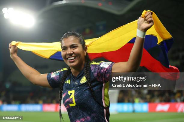 Daniela Arias of Colombia celebrates the team’s 1-0 victory and advance to the quarter final following the FIFA Women's World Cup Australia & New...
