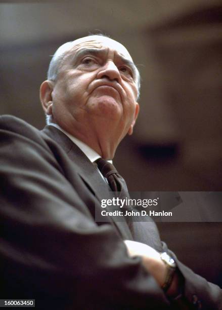 Closeup of Kentucky coach Adolph Rupp during game vs Tennessee at Stokely Athletic Center. Knoxville, TN 3/9/1972 CREDIT: John D. Hanlon