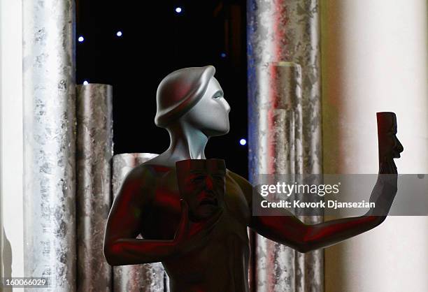 Workers continue to build the stage and the ballroom during the 19th Annual Screen Actor Guild Awards ceremony behind the scenes event at The Shrine...