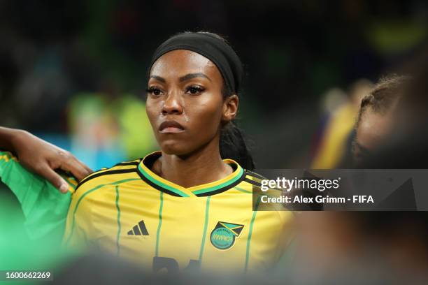 Cheyna Matthews of Jamaica sheds tears after the team’s 0-1 defeat and elimination from the tournament following the FIFA Women's World Cup Australia...