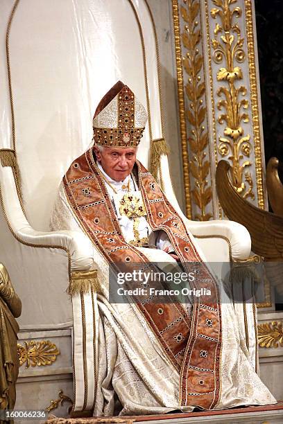 Pope Benedict XVI attends an ecumenical Vespers service in the Basilica of St Paul outside the Walls on January 25, 2013 in Vatican City, Vatican....