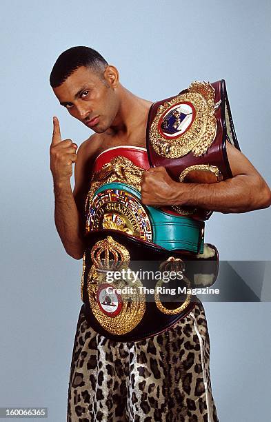 Naseem Hamed poses for a portrait with his belts in 2001 in New York.