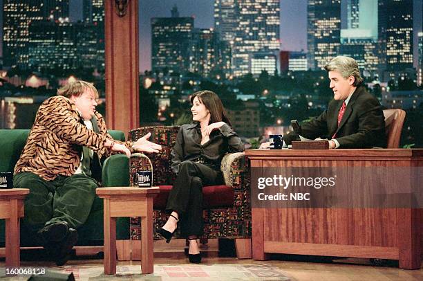 Episode 1070 -- Pictured: Comedian Chris Farley, actress Shannen Doherty during an interview with host Jay Leno on January 10, 1997 --