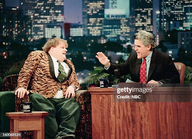 Episode 1070 -- Pictured: Comedian Chris Farley during an interview with host Jay Leno on January 10, 1997 --