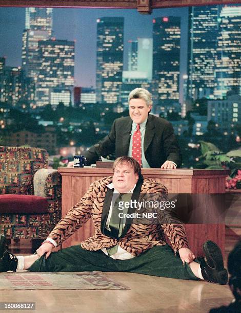 Episode 1070 -- Pictured: Comedian Chris Farley during an interview with host Jay Leno on January 10, 1997 --