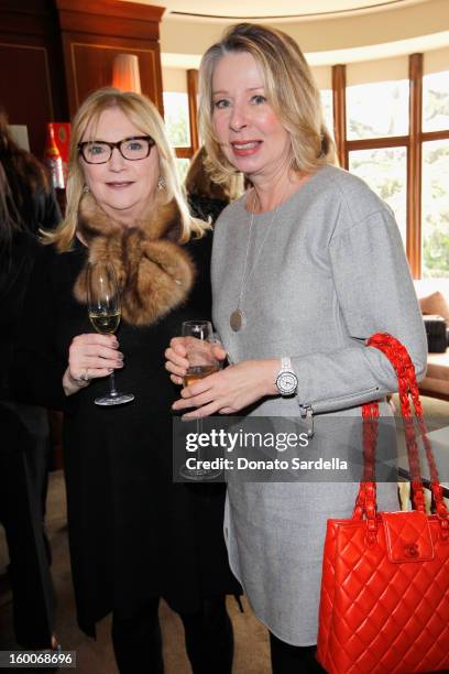 Host Amanda Mackey and writer Diane English attend the Champagne Taittinger Women in Hollywood Lunch hosted by Vitalie Taittinger at Sunset Tower on...