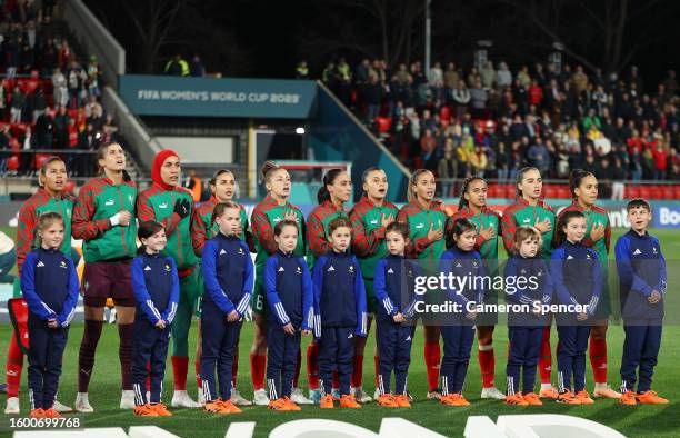 Morocco line up for the national anthem prior to FIFA Women's World Cup Australia & New Zealand 2023 Round of 16 match between France and Morocco at...