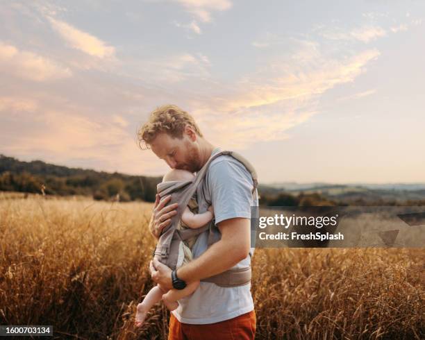 happy caucasian father kissing his child in a chest carrier as he walks across a field - chest kissing 個照片及圖片檔