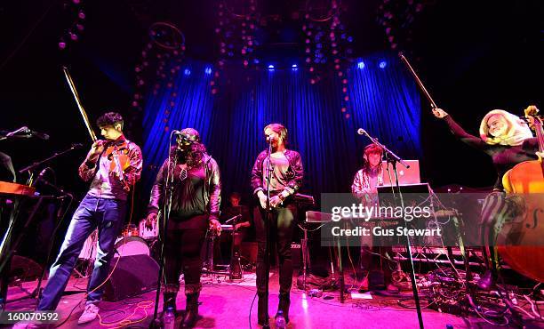 Neil Amin-Smith, Kandaka Moore, Nikki Marshall, Jack Patterson and Grace Chatto of Clean Bandit perform on stage at O2 Shepherd's Bush Empire on...