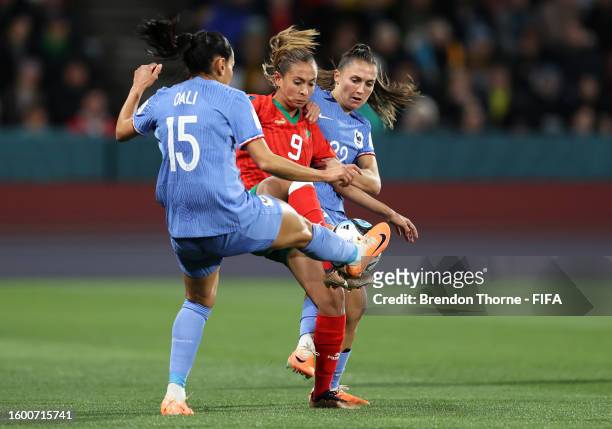 Ibtissam Jraidi of Morocco competes for the ball against Kenza Dali and Eve Perisset of France during the FIFA Women's World Cup Australia & New...
