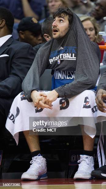 Minnesota Timberwolves point guard Ricky Rubio sits on the bench late in the game against the Washington Wizards during the second half of their game...