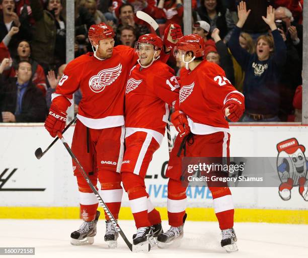 Pavel Datsyuk of the Detroit Red Wings celebrates his second period goal with Damien Brunner and Johan Franzen while playing the Minnesota Wild at...