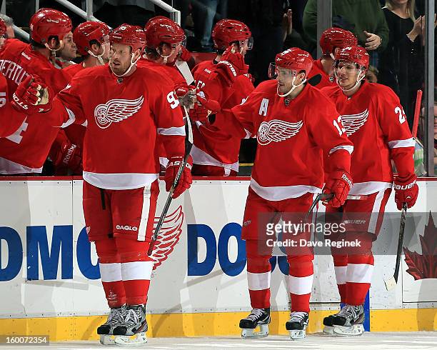 Johan Franzen, Pavel Datsyuk and Damien Brunner of the Detroit Red Wings celebrate with the bench after a goal during a NHL game against the...