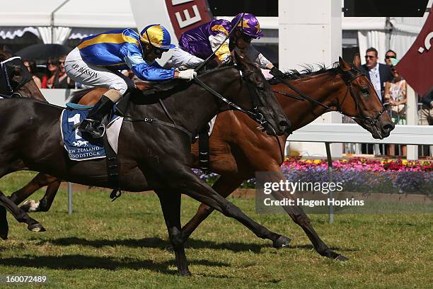 Historian ridden by Rosie Myers beats Lady Kipling ridden by Opie Bosson to the line in the 1600m Group I Harcourts Thorndon Mile during Wellington...